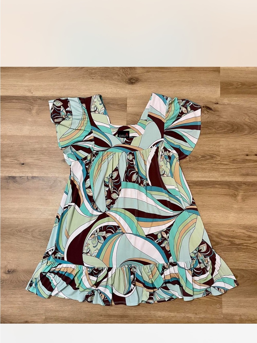 Scarlett Swirl-Print Flutter Sleeve Dress in Mint, Teal & Brown